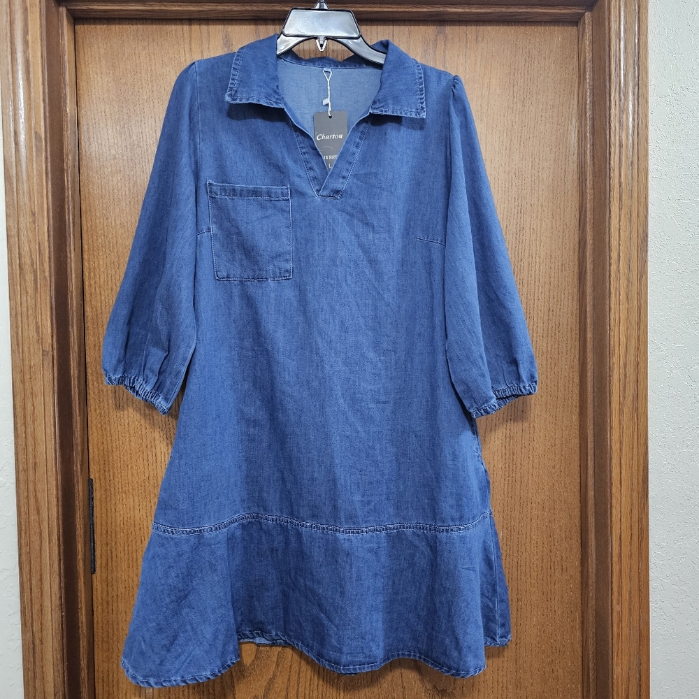 Denim Dress Blue V-Neck 3/4 Length Puff Sleeves Midi Dress NWT Size Large